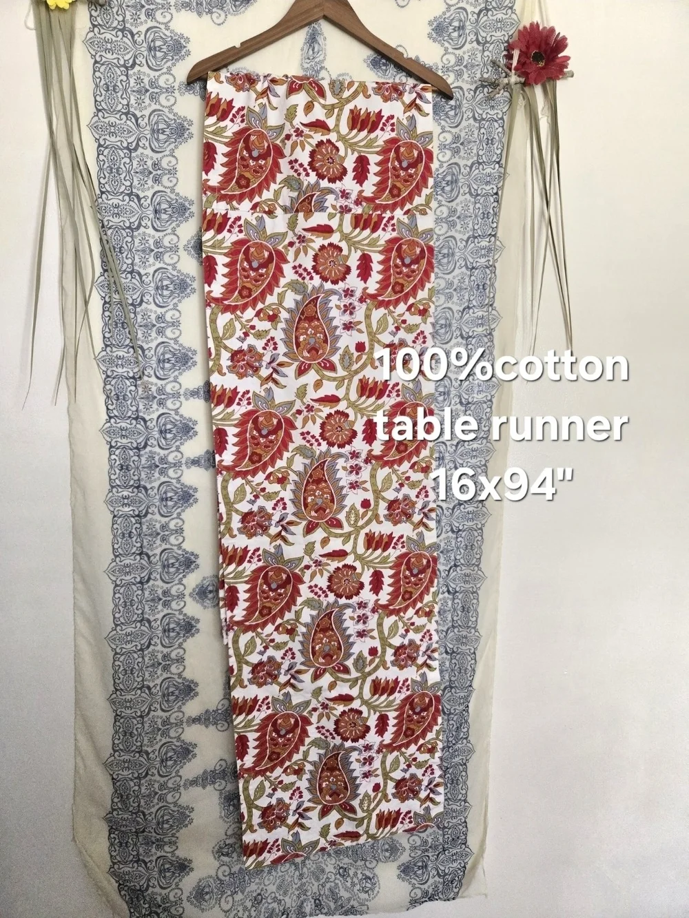 Boho Hippie Dining Home Decor Floral Paisley Cotton Table Runner Red/Cream